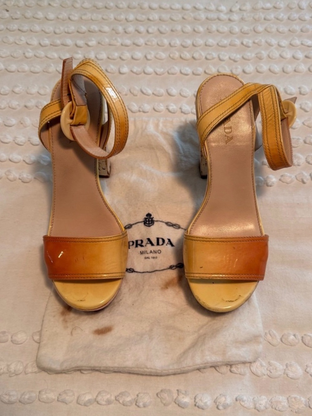 Prada Yellow Orange Patent Leather Ankle-Strap Sandals